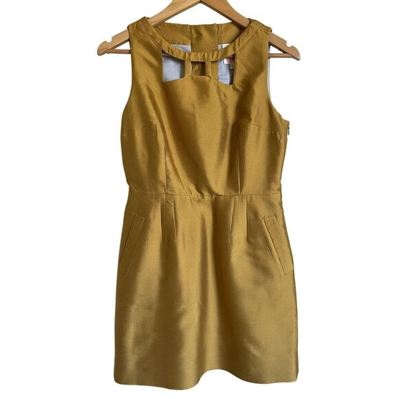 ANTHROPOLOGIE Maeve Chardonnay Sheen Dress 8 Cutout Silk Wool Blend Sleeveless Y - Picture 1 of 12